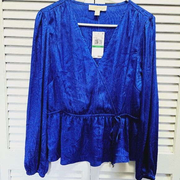 NWT MICHAEL KORS LONG SLEEVE PEPLUM HEM FAUX WRAP TOP/TUNIC ROYAL P/L MSRP $98 - Picture 4 of 10
